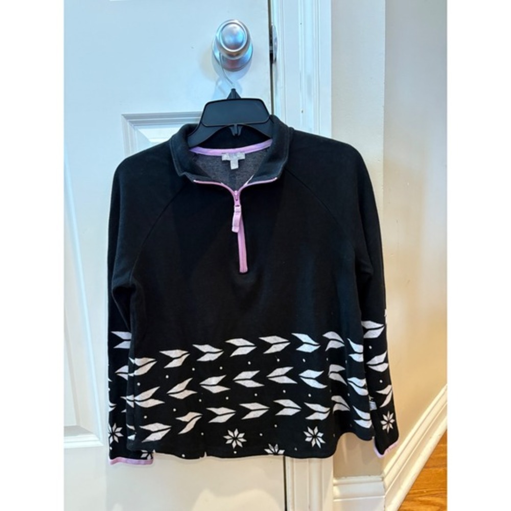 T by Talbots Black Print Quarter Zip Fleece Pullover Top Women's Medium petite